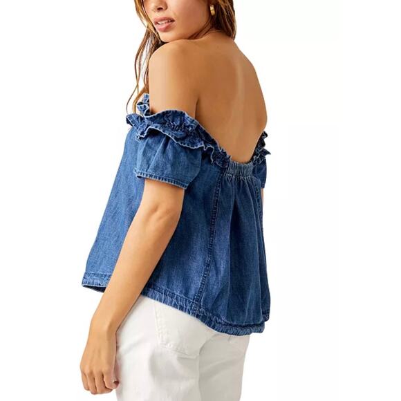 NWT FREE PEOPLE Women’s Maxine Cotton Chambray Off-the-Shoulder Top - Picture 2 of 6